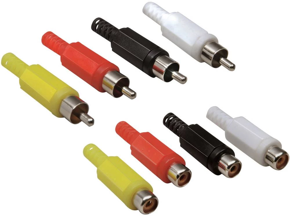 Činč konektor, sklopka, ravna, ravni utikač, broj polova: 2 mono, žute, crvene, crne, bijele boje BKL Electronic 8 kom. slika