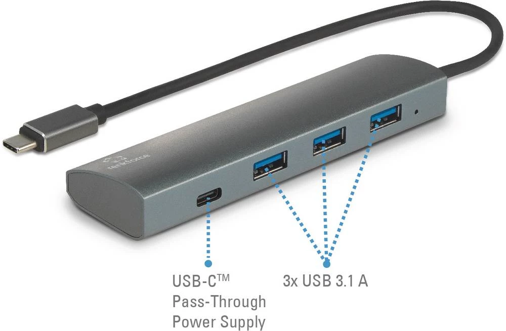 Renkforce 3+1 ulaza USB 3.1-Hub S prolaznim strujnim priključkom, S aluminijskim kućištem Srebrna slika