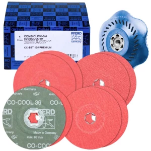 PFERD 42098002 COMBICLICK vlaknasti disk set keramičkih zrna Ø125 mm CO-COOL 36, 60, 80, 120 s CC-H-GT podlogom za nehrđajući čelik promjer 125 mm slika