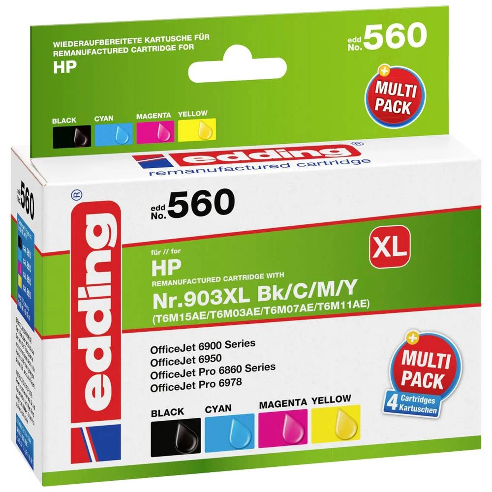 edding uložak za pisač EDD-560 zamjenjuje HP 903XL (T6M15/T6M03/T6M07/T6M11) višestruko pakiranje 4 - crna, cijan, magenta, žuta - sadržaj: 1x 30 ml + 3x 12 ml Edding kombinirano pakiranje ti slika