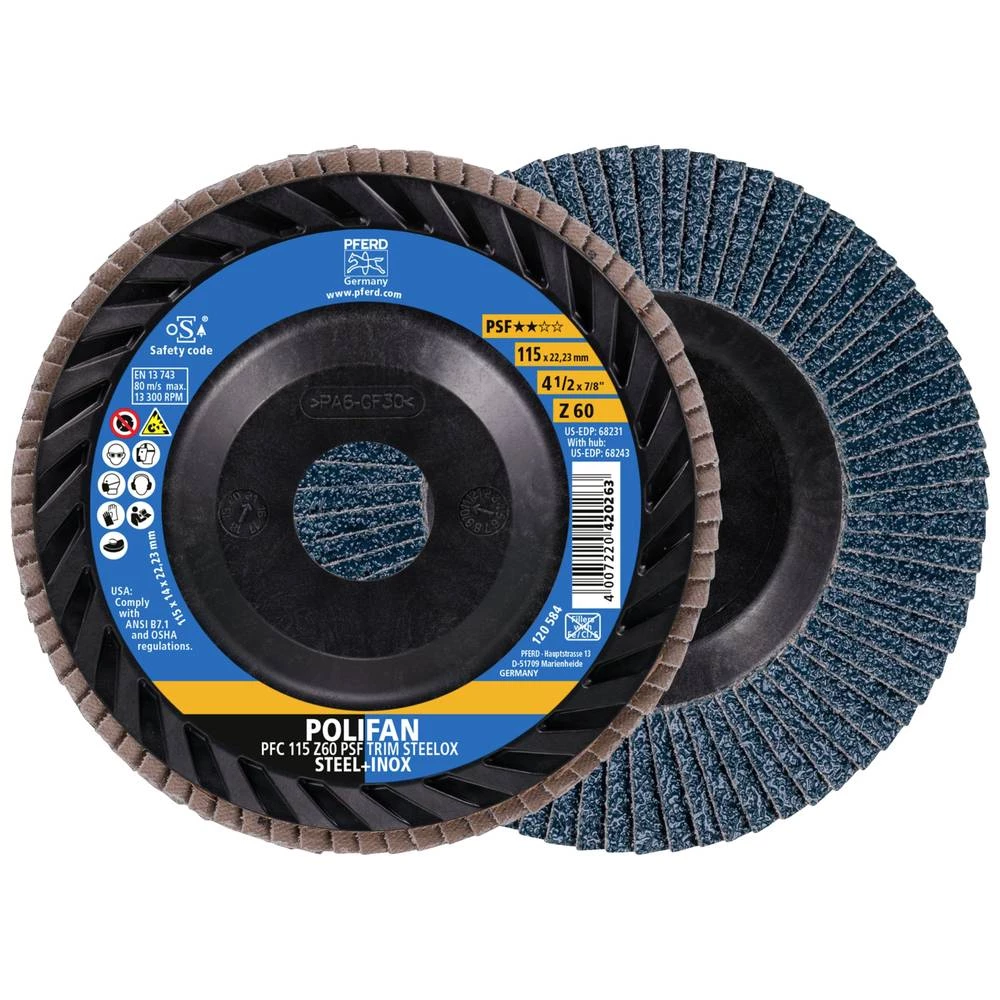 <br>  PFERD<br>  67771116<br>  PFC 115 Z 60 PSF TRIM STEELOX<br>  lamelna brusna ploča<br>  promjer 115 mm<br>  Promjer bušotine 22.23 mm<br>  <br>  10 St.<br> slika