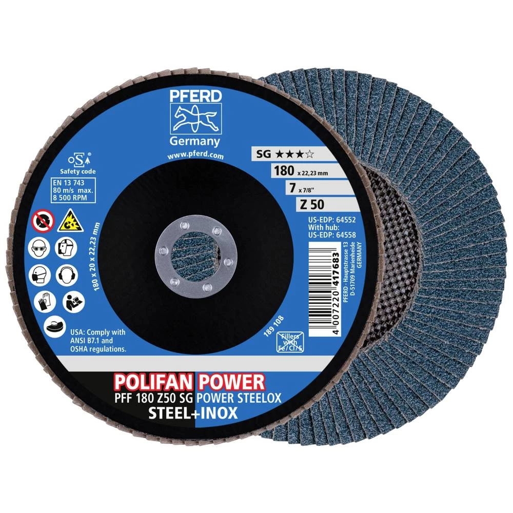 <br>  PFERD<br>  67685186<br>  PFF 180 Z50 SG POWER STEELOX<br>  lamelna brusna ploča<br>  promjer 180 mm<br>  Promjer bušotine 22.23 mm<br>  <br>  10 St.<br> slika