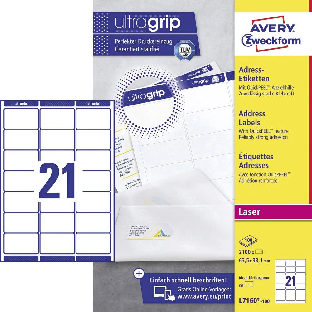 Avery-Zweckform L7160-100 Etikete 63.5 x 38.1 mm Papir Bijela 2100 ST Trajno Naljepnice za adrese, Univerzalne naljepnice Tinta, slika