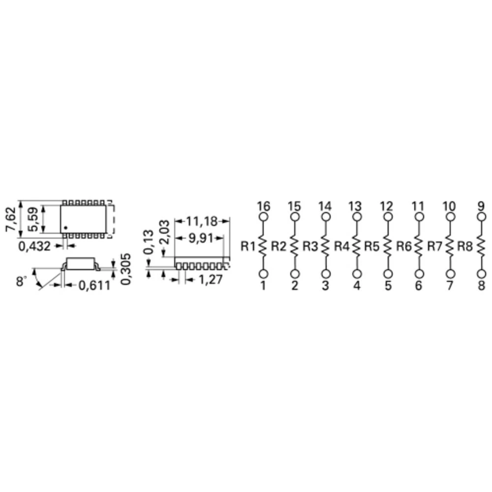 Mreža otpornika, SOIC-16, 10kΩ, 0,16W, ±2%, 8 otpornika, 4816P-1-103LF Bourns povezani otpori 10 kΩ SMD SOIC-16 0.16 W 1 St. slika