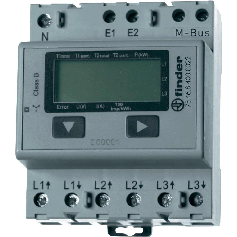 Elektronski 3-fazni mjerač energije Finder, 65 A, M-Bus, 3x230 V/AC, LCD slika