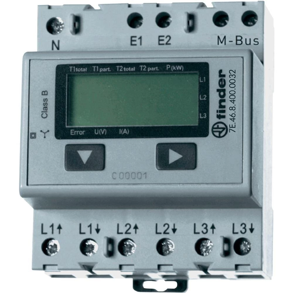 Elektronski 3-fazni mjerač energije Finder, 65 A, M-Bus, MID, 3 x 230 V/AC, LCD slika