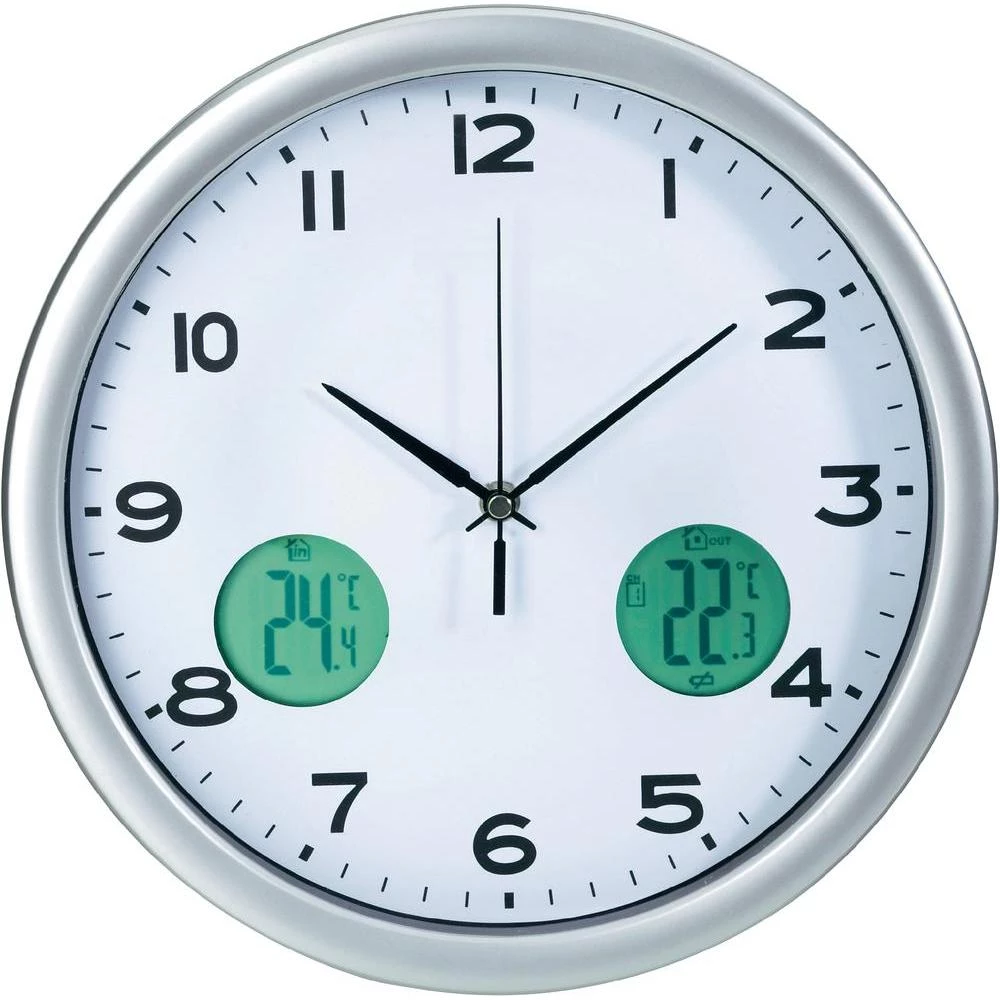 Radijski kontrolirani zidni sat s prikazom unutarnje i vanjske temperature slika