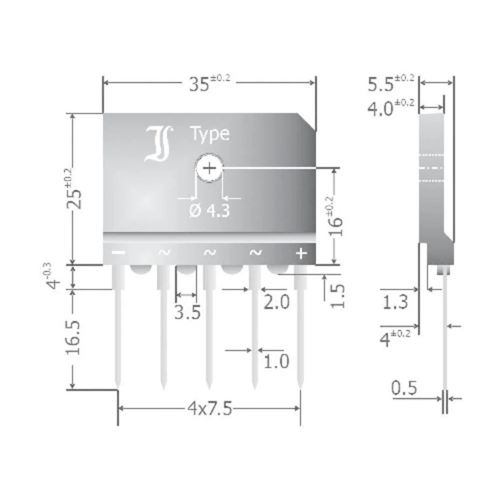 3-fazni ispravljački most 25 ADiotec DBI25-04A nazivni napon 25 A U(RRM) 400 V slika
