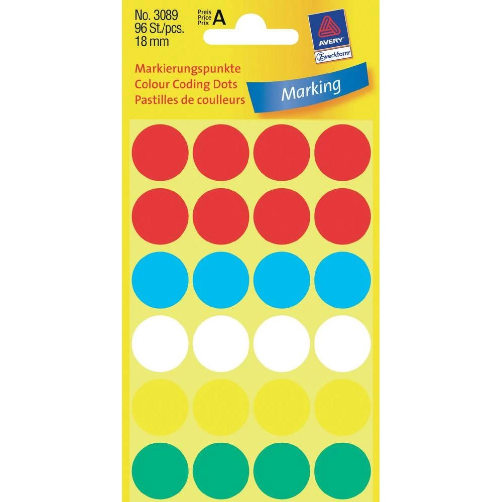 Točke za obilježavanje Avery Zweckform 3089, 18 mm, crvene,plave, bijele, žute, slika