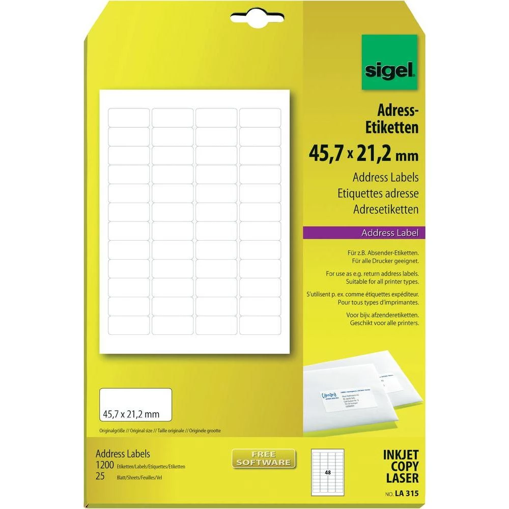 Sigel naljepnice za adrese LA315 ( 45.7 mm x 21.2 mm ), bijele, 1200 kom., trajn slika