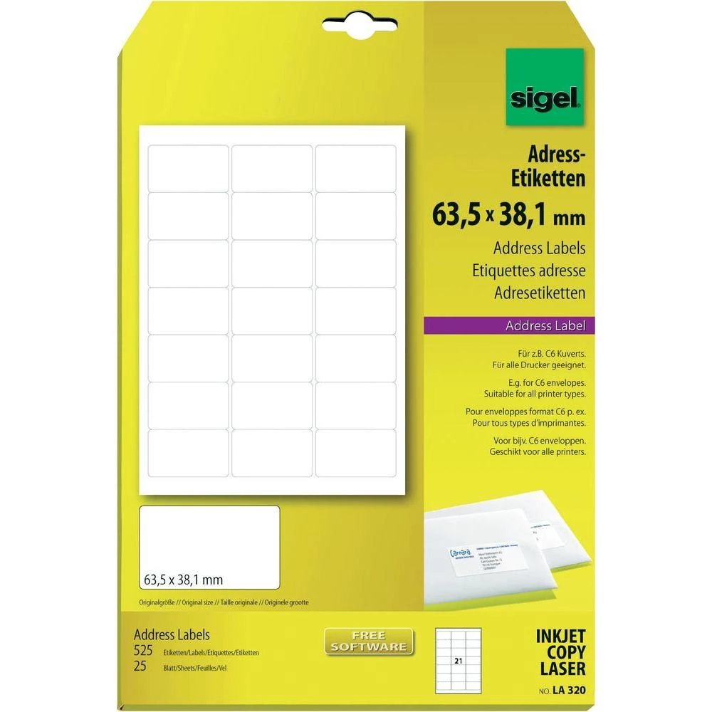 Sigel naljepnice za adrese LA320 ( 63.5 mm x 38.1 mm ), bijele, 525 kom., trajne slika