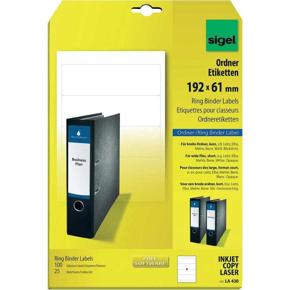 Sigel naljepnice kratke za široke registratore LA430 ( 192 mm x 61 mm ), bijele, slika