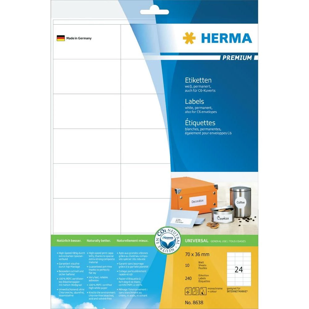 Herma Premium naljepnice 8638 ( 70 mm x 36 mm ), bijele, 240 kom., trajne slika