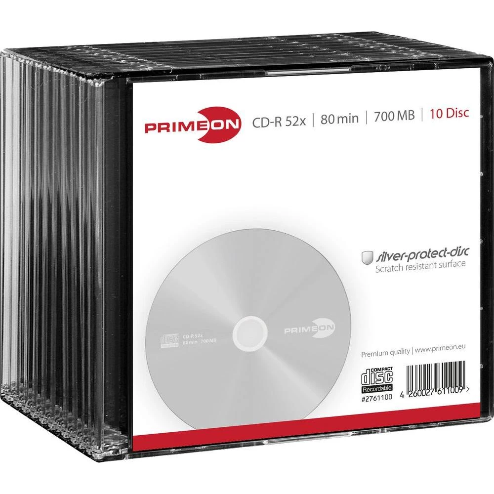 CD-R diskovi 80 Rohling 700 MB Primeon 2761100 10 kom. tanka kutija srebrna mat slika