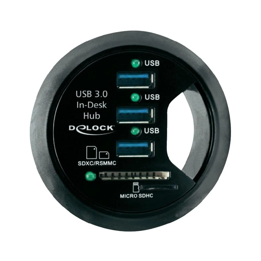 3-portni USB 3.0 hub Delock s ugrađenim čitačem SD kartica crni slika