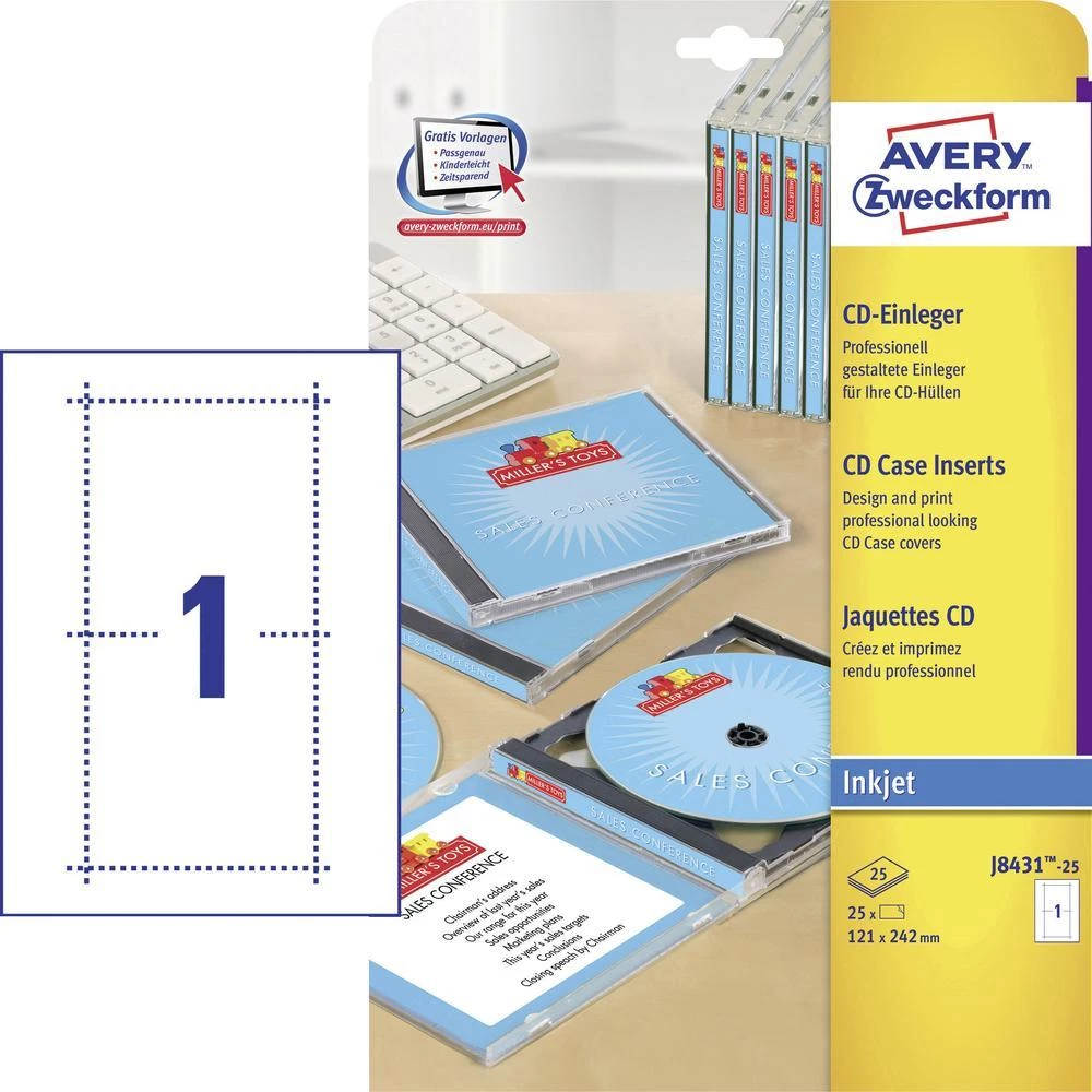 Umetni listovi za omotnice zaCD Avery-Zweckform J8431-25, Slim Case, bijeli, 25 slika