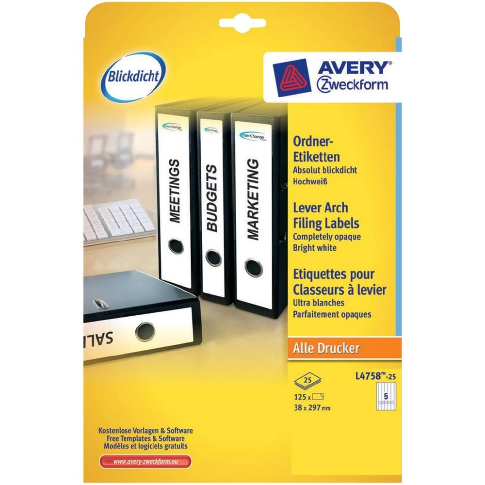 Avery-Zweckform naljepnice dugačke, za uske registratore L4758-25 ( 38 mm x 297 slika