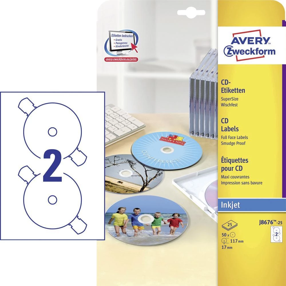 Avery Zweckform naljepnice za CD-e J8676-25, velike, 50 naljepnica, tinta, bijel slika