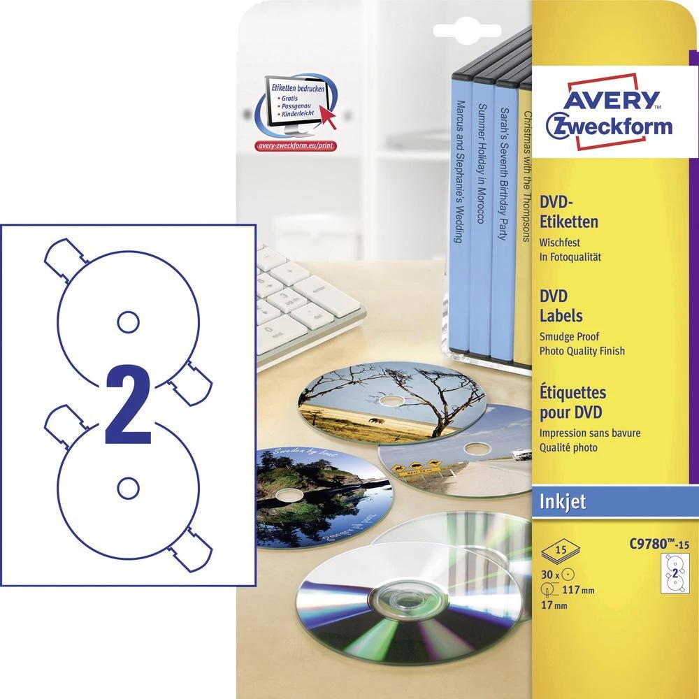 Avery Zweckform naljepnice za DVD-e C9780-15, velike, 30 naljepnica, tinta, bije slika