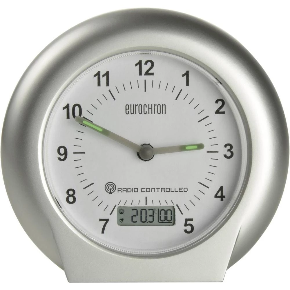 Radijski kontrolirana budilica, boja kućišta: srebrna, boja brojčanika: bijela ( slika