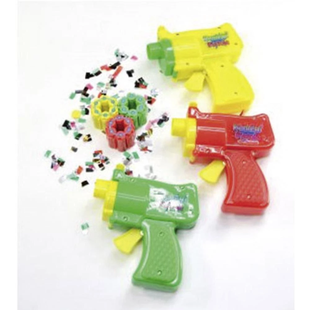 Pištolj za konfete sa municijom zelena, crvena, žuta slika