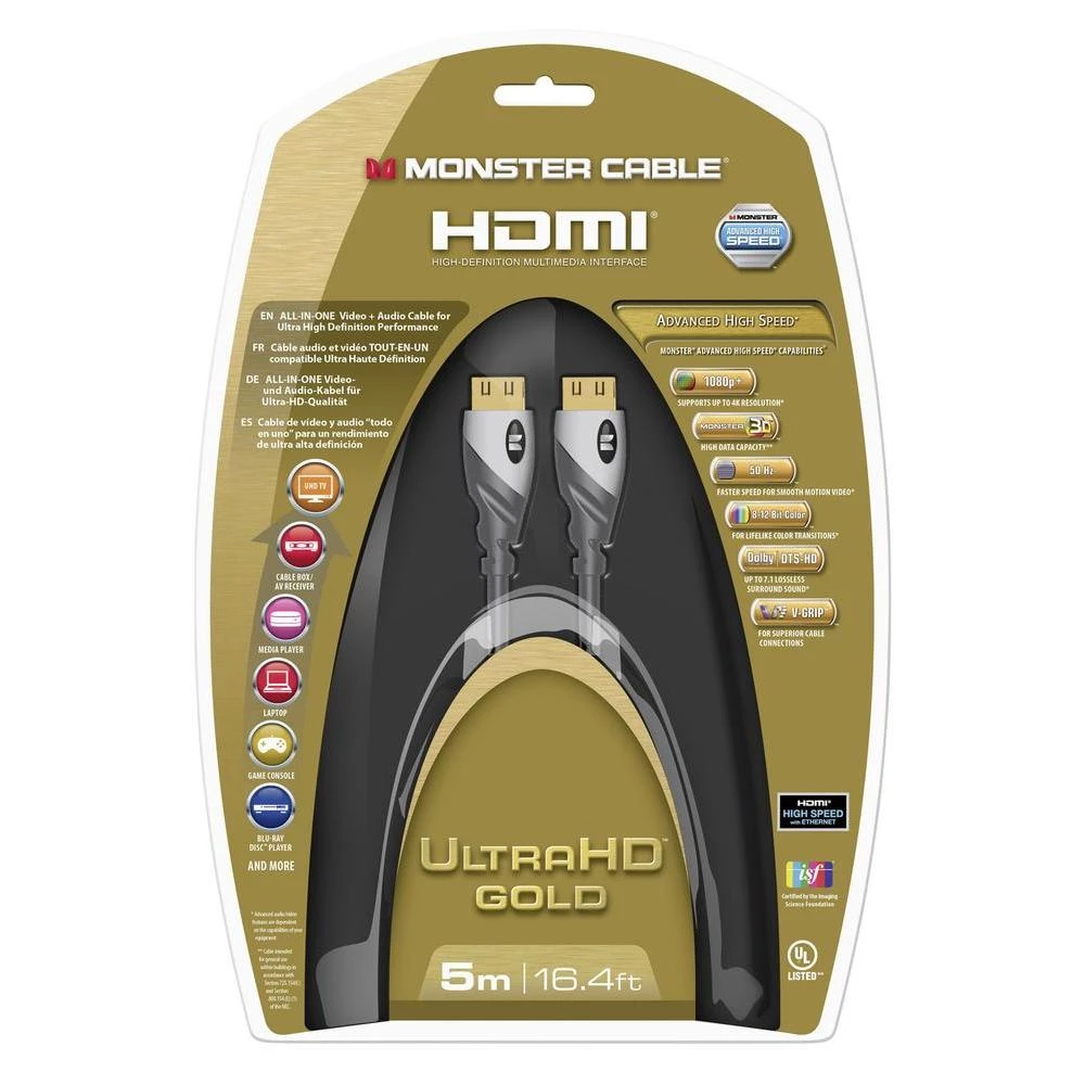 HDMI priključni kabel [1x HDMI utikač 1x HDMI utikač] Monster 5 m crna slika