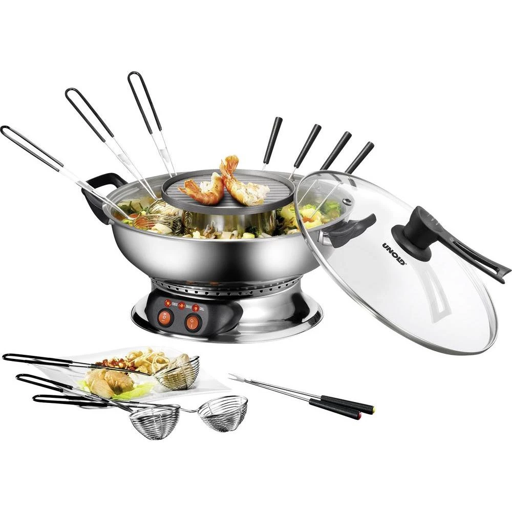 Fondue Unold Asia 1350 W 2 odvojena regulatora temperature, 6 vilica, funkcija roštilja plemeniti čelik slika