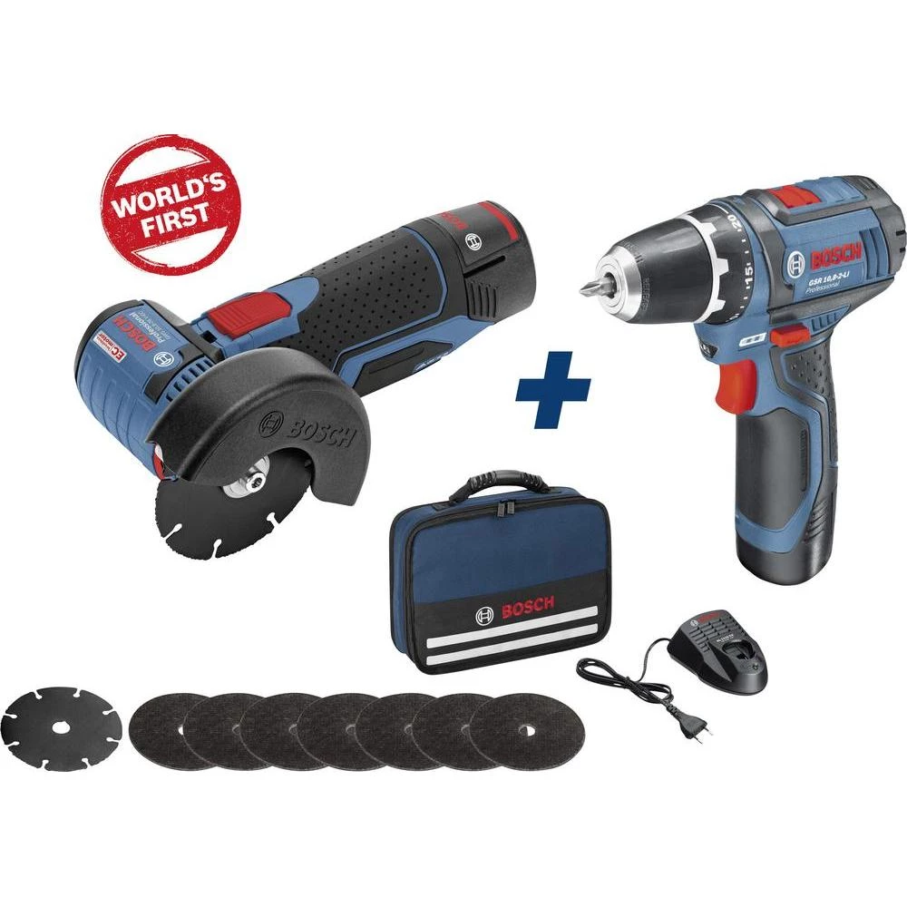 Bosch GWS10,8-76 V-EC+GSR10,8-2-LI akumulatorska bušilica-odvijač 10.8 V 2.5 Ah Li-Ion uklj. 2. akumulatora, dodatna oprema, tor slika