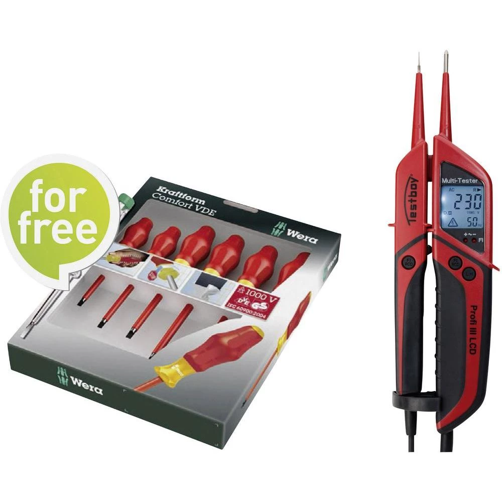 Testboy Profi III LCD + Wera set odvijača, dvopolni ispitivač napona, 3 - 1000 V AC/4 - 1400 V DC optički, LED zaslon CAT IV 500 slika