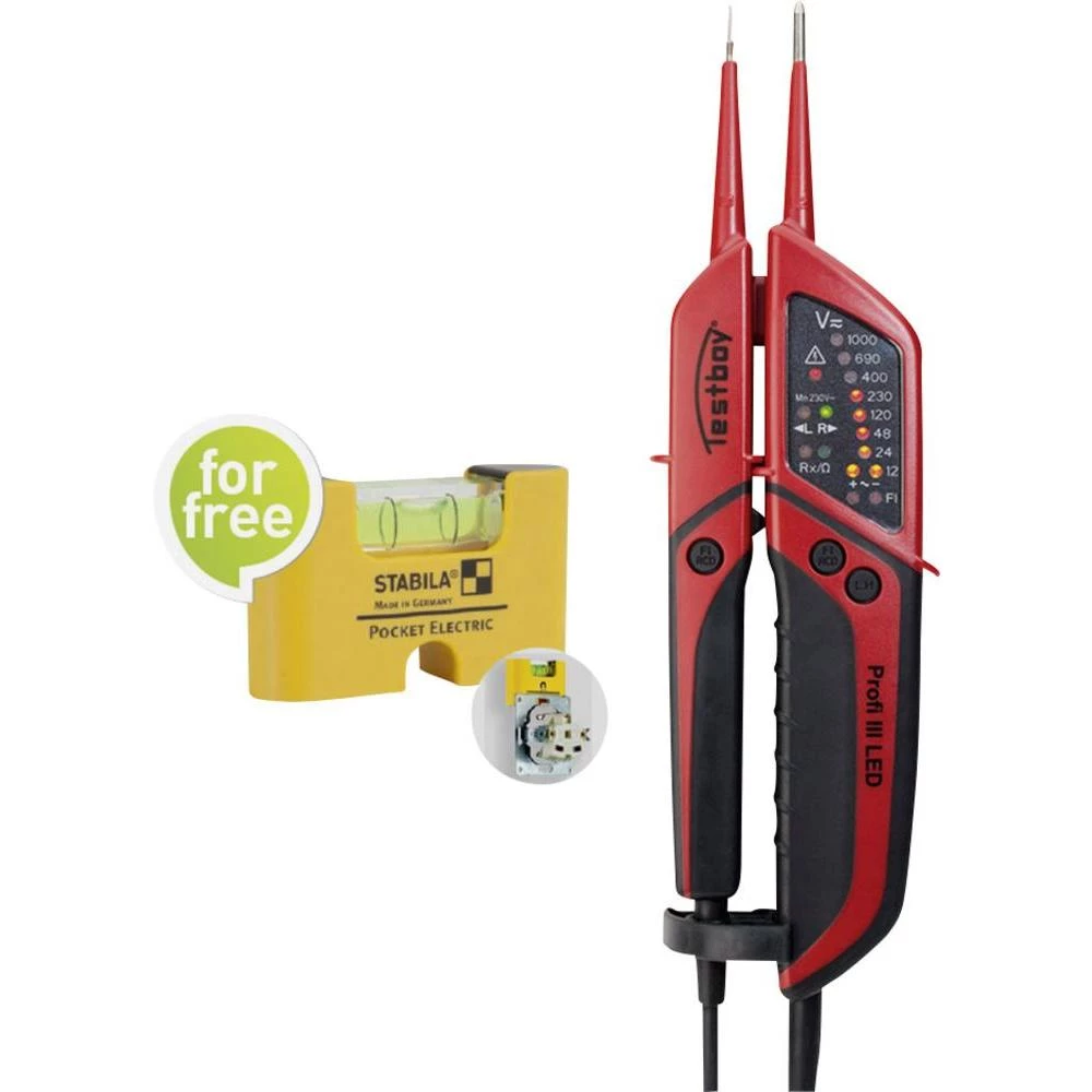 Testboy Profi III LED + Stabila džepna libela, dvopolni ispitivač napona, 6 - 1000 V/AC; 6 - 1400 V/DC optički, LED diode CAT IV slika