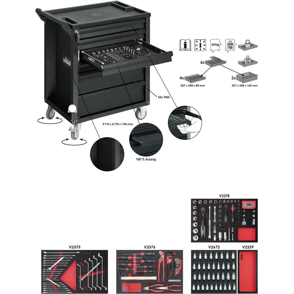 VIGOR 600 Vigor V2712 kolica za radionicu sa alatom, Black Edition II dimenzije: (D x Š x V) 496 x 778 x 913 mm slika