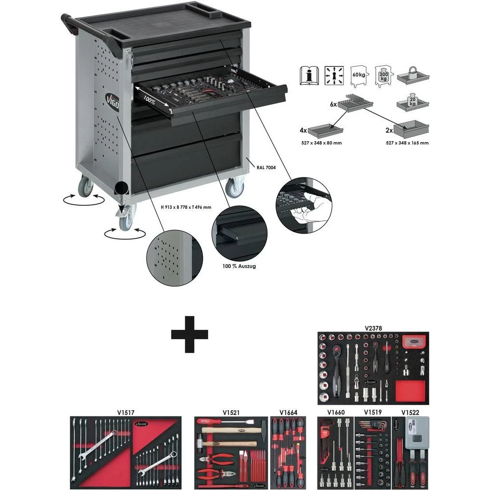 Vigor 600 kolica za radionicu sa alatom 205-dijelni komplet Vigor V1620 slika