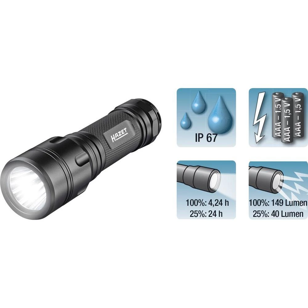 LED džepna svjetiljka Hazet na baterije 149 lm 400 g crna slika