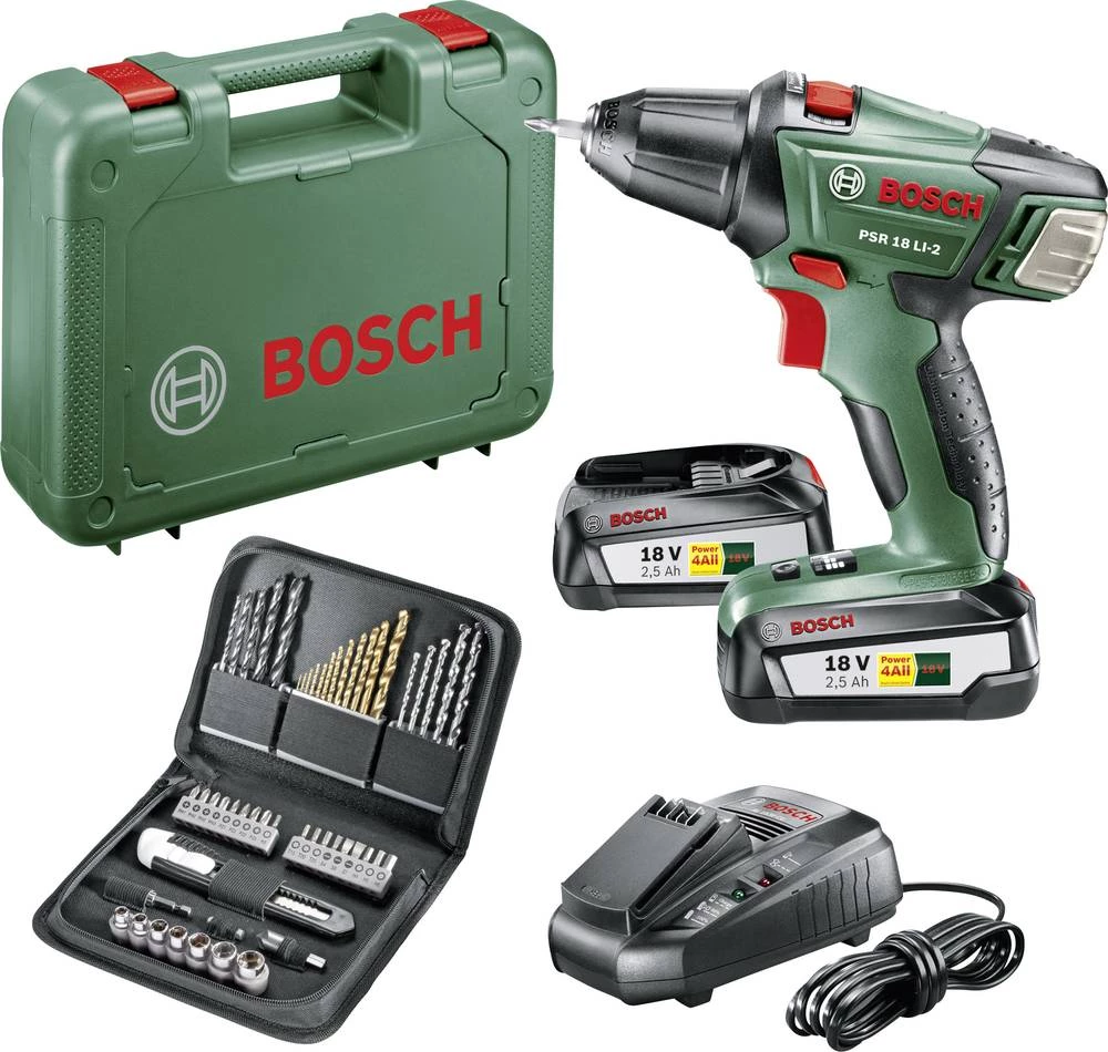 Bosch PSR 18 LI-2 akumulatorska bušilica-odvijač 18 V 2.5 Ah Li-Ion uklj. 2 akumulatora, uklj. kovčeg, uklj. dodatna oprema slika