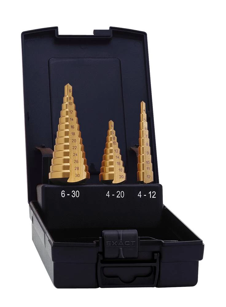 HSS stupnjevito svrdlo 3-dijelni set 4 - 12 mm, 4 - 20 mm, 6 - 30 mm TiN Exact 05350 3-površinski prihvat 1 set slika