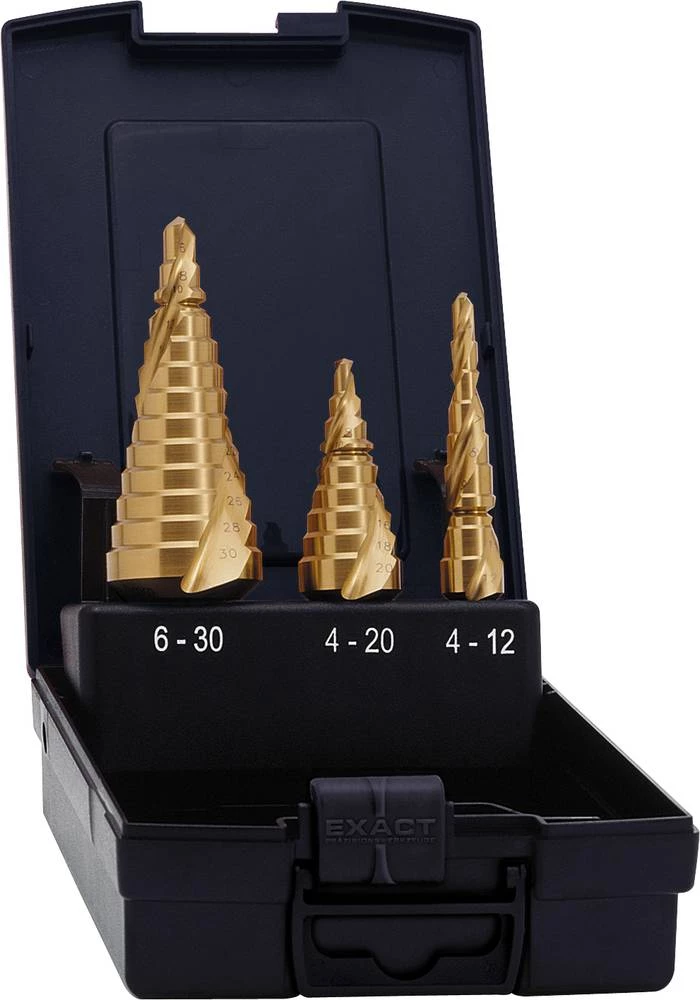HSS stupnjevito svrdlo 3-dijelni set 4 - 12 mm, 4 - 20 mm, 6 - 30 mm TiN Exact 08014 1/4" (6.3 mm) 1 set slika
