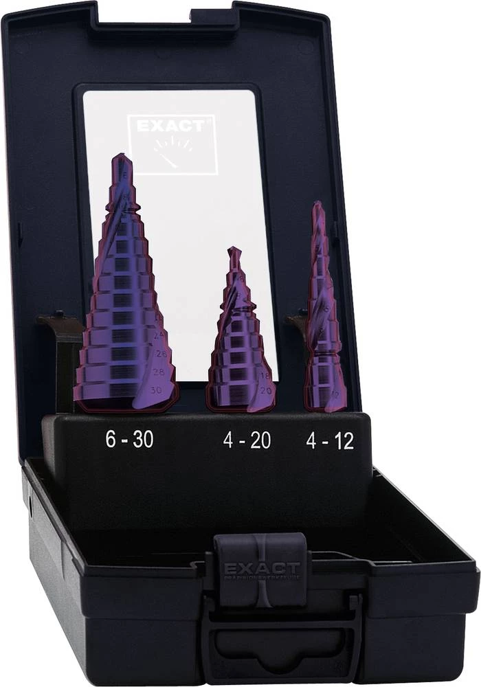 HSS stupnjevito svrdlo u setu 4 - 12 mm, 4 - 20 mm, 6 - 30 mm TiN, TiALN Exact 09014 3-površinski prihvat 1 kom. slika