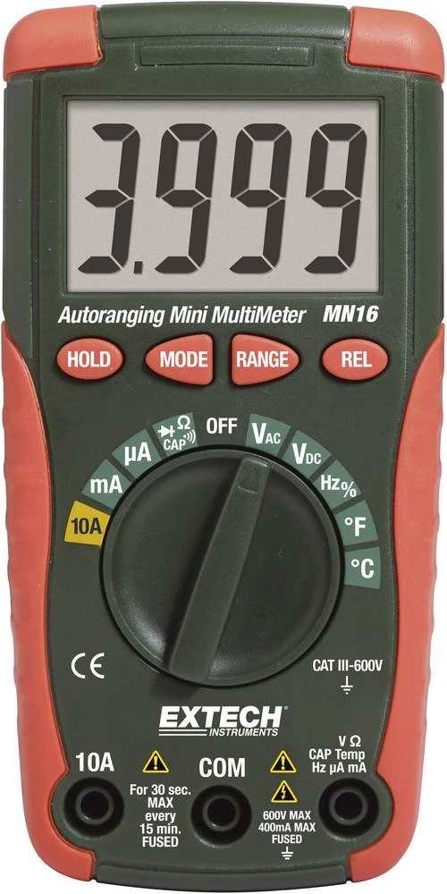 Ručni multimetar digitalni Extech MN16A kalibriran prema: DAkkS CAT II 1000 V, CAT III 600 V zaslon (brojevi): 4000 slika