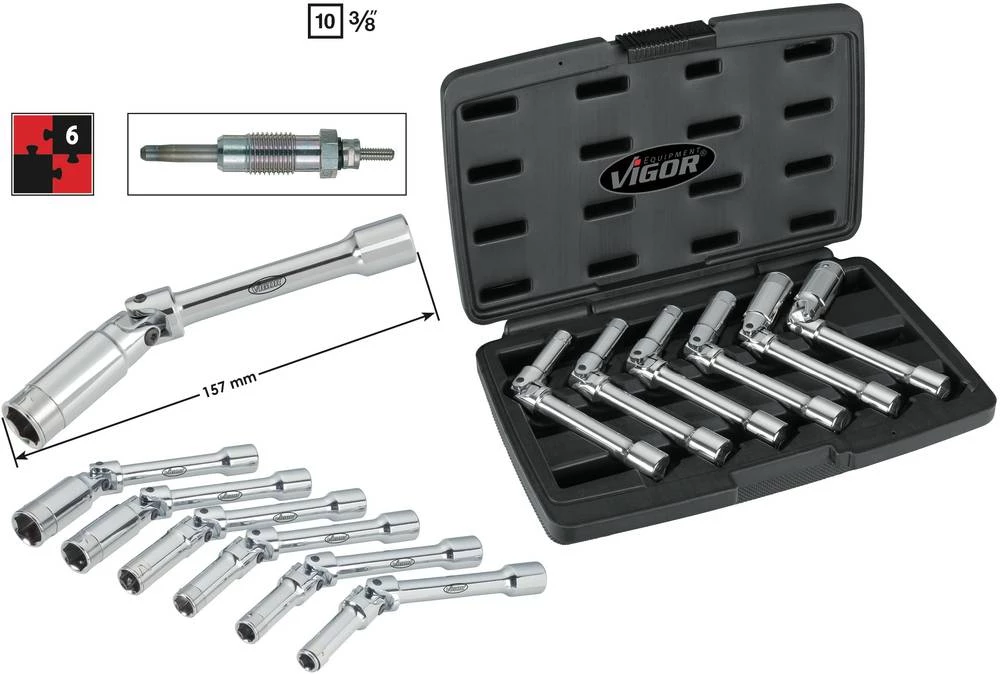 Vanjski šesterokutni zglobni nasadni ključ, 6-dijelni set 3/8" (10 mm) dimenzija proizvoda, dužina 157 mm Vigor V2737 slika