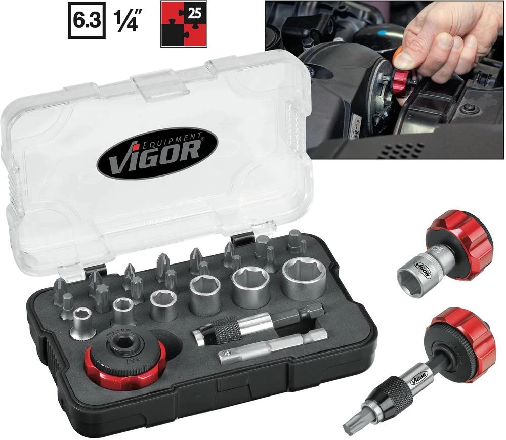 Set bit-nastavaka, 25-dijelni set Vigor V2834 križni Phillips, križni Pozidriv, unutarnji šesterokutni, unutarnji TORX slika