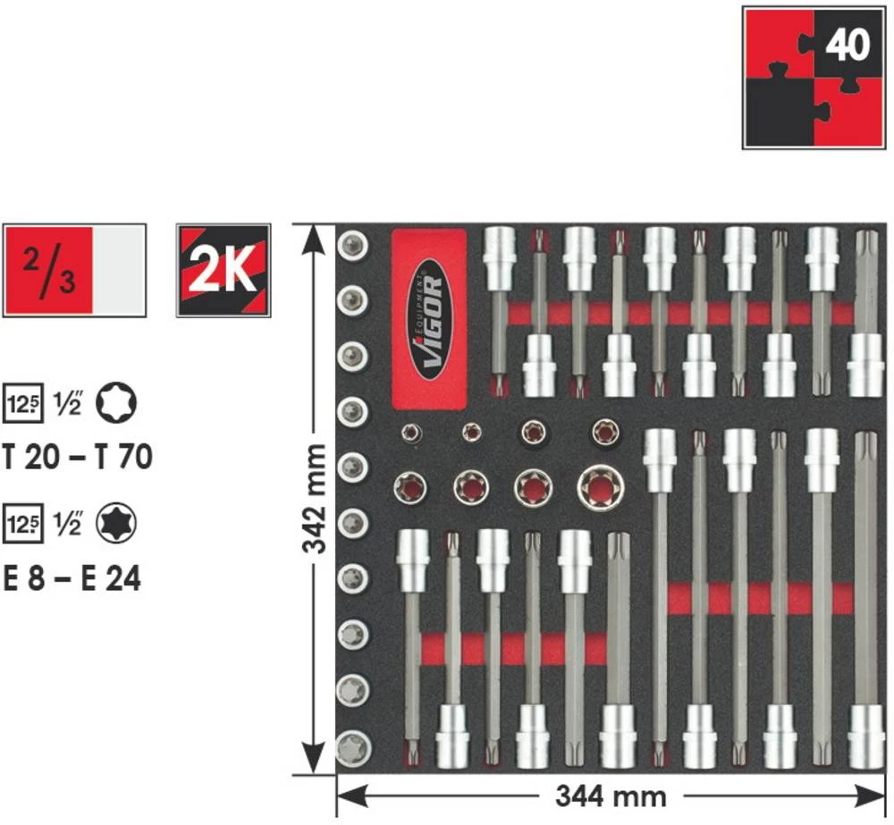 Unutarnji TORX bit-nasadni ključ 40-dijelni set 1/2" (12.5 mm) Vigor V2033 slika