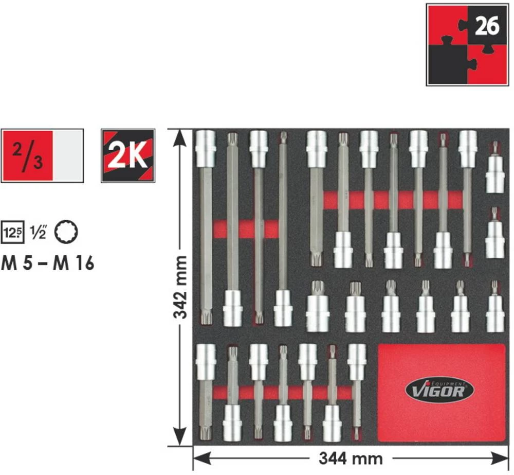 Unutarnji višezubi (XZN) bit-nasadni ključ 26-dijelni set 1/2" (12.5 mm) Vigor V2032 slika