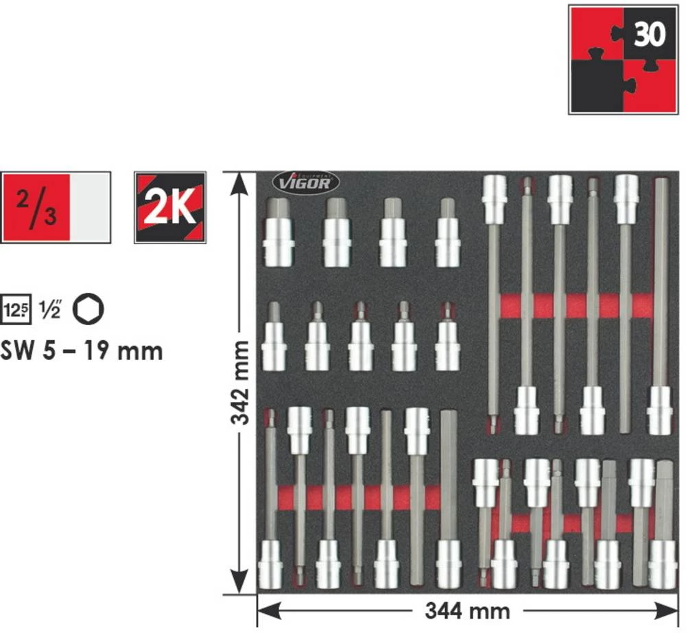 Unutarnji šesterokutni bit-nasadni ključ 30-dijelni set 1/2" (12.5 mm) Vigor V2022 slika