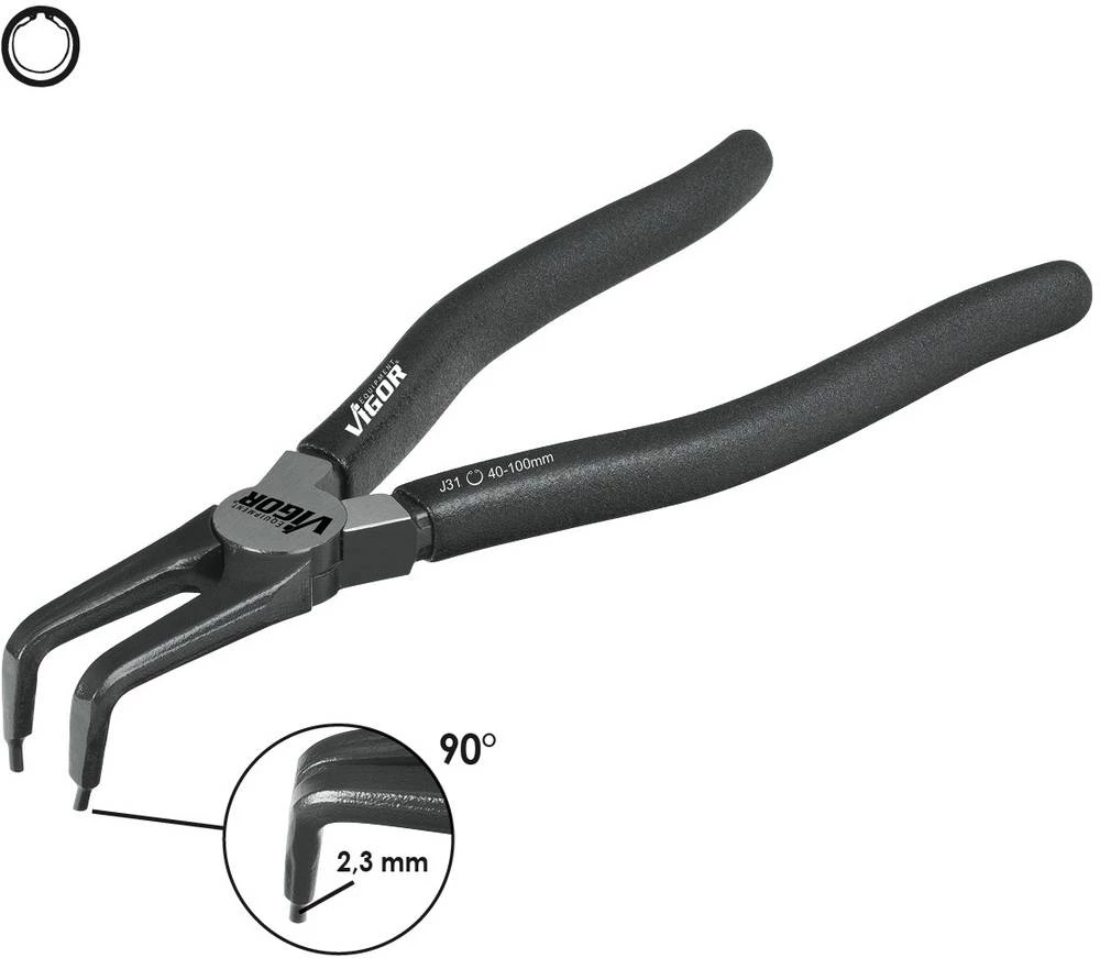 Kliješta za seger osigurače, pogodna za unutarnje prstene 40-100 mm šiljasti oblik, savinuta pod kutom od 90° Vigor V2793 slika