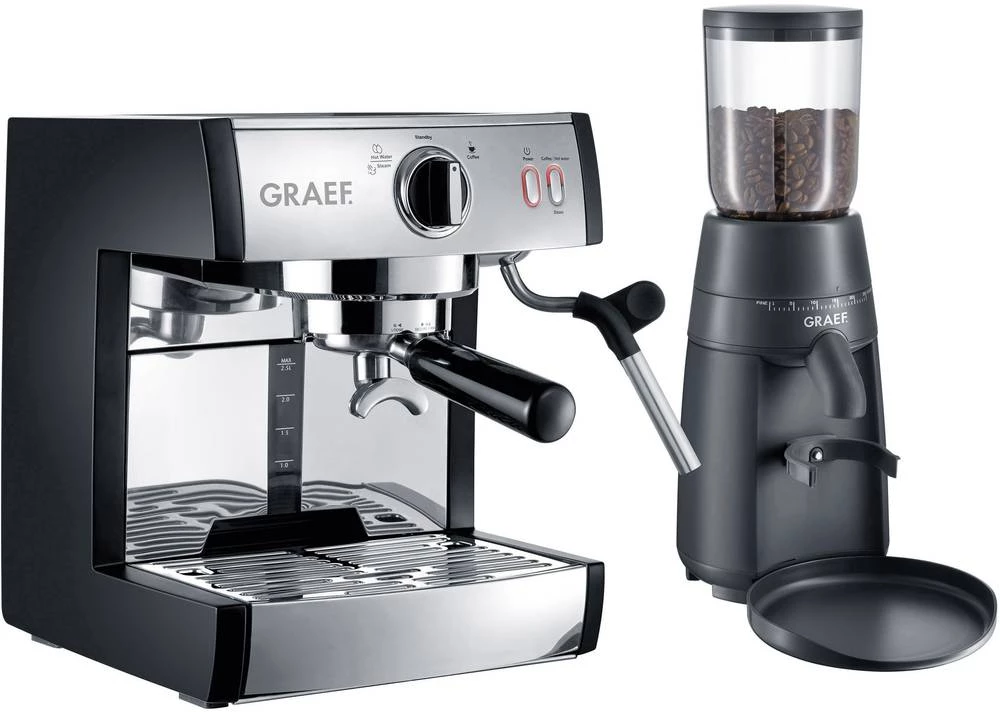 Aparat za espresso s mlincem Pivalla CM 702 Graef plemeniti čelik 1410 W s mlaznicom za pjenjenje mlijeka slika