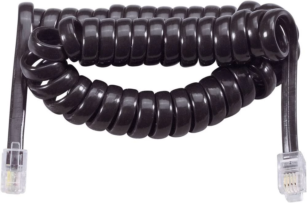 Priključni kabel za telefonsku slušalicu [1x RJ10 utikač 4p4c - 1x RJ10 utikač 4p4c] spiralni kabel 7 m crne boje slika