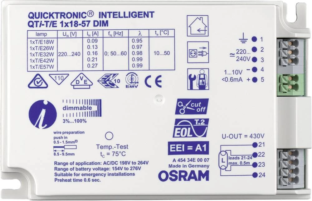 OSRAM predsklopni uređaj za svjetiljke QTI-T/E 1X18-57/220-240 DIM UNV1 4008321060860 slika