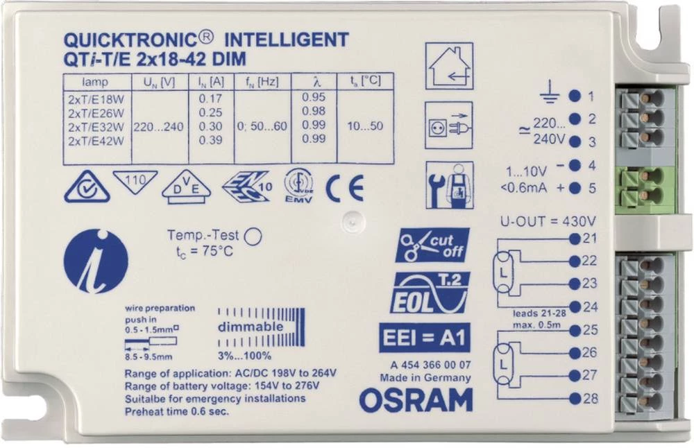 OSRAM predsklopni uređaj za svjetiljke QTI-T/E 2X18-42/220-240 DIM UNV1 4008321060846 slika