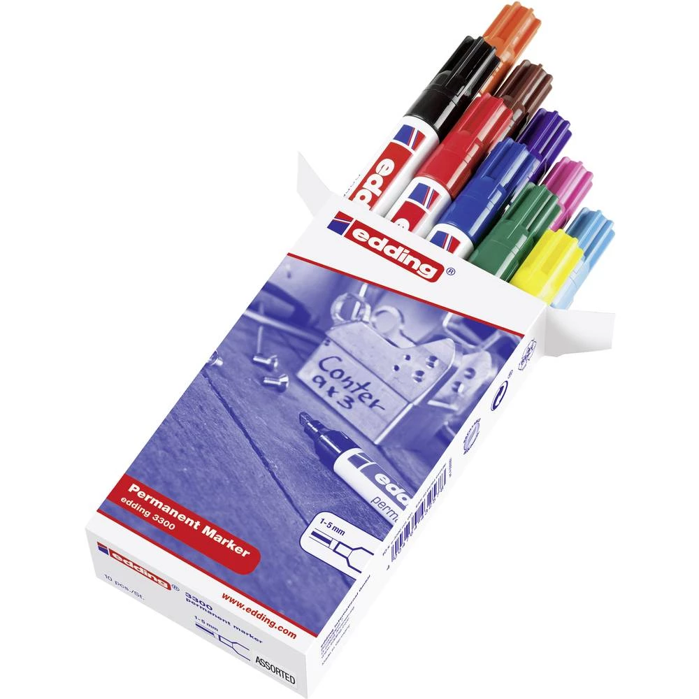 Edding 3300 4-3300-999 trajni marker crna, crvena, žuta, narančasta, plava boja, zelena, smeđa boja, ljubičasta, ružičas slika