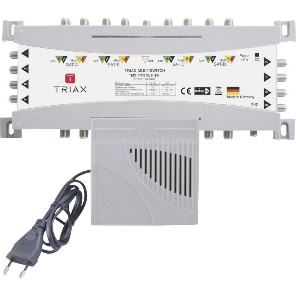 Satelitski multiprekidač Triax TMS 1708 SE P-EU Ulazi: 17 (16 Sat/1 zemaljske) Broj sudionika: 8 slika